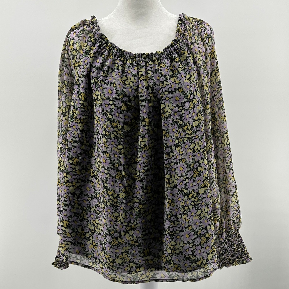 Sanctuary Floral Round Neck Off Shoulder Smock Long Sleeve‎ Blouse Women 1X Boho